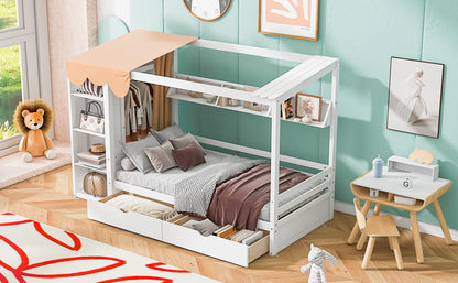 Twin House Bed with Wardrobe White