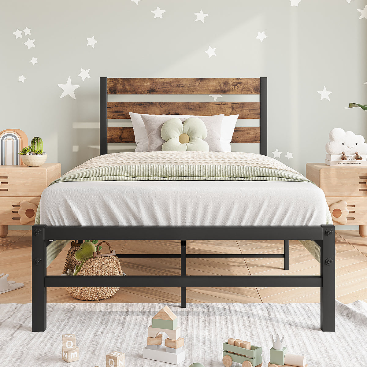 Twin Platform Bed with Rustic Headboard Brown