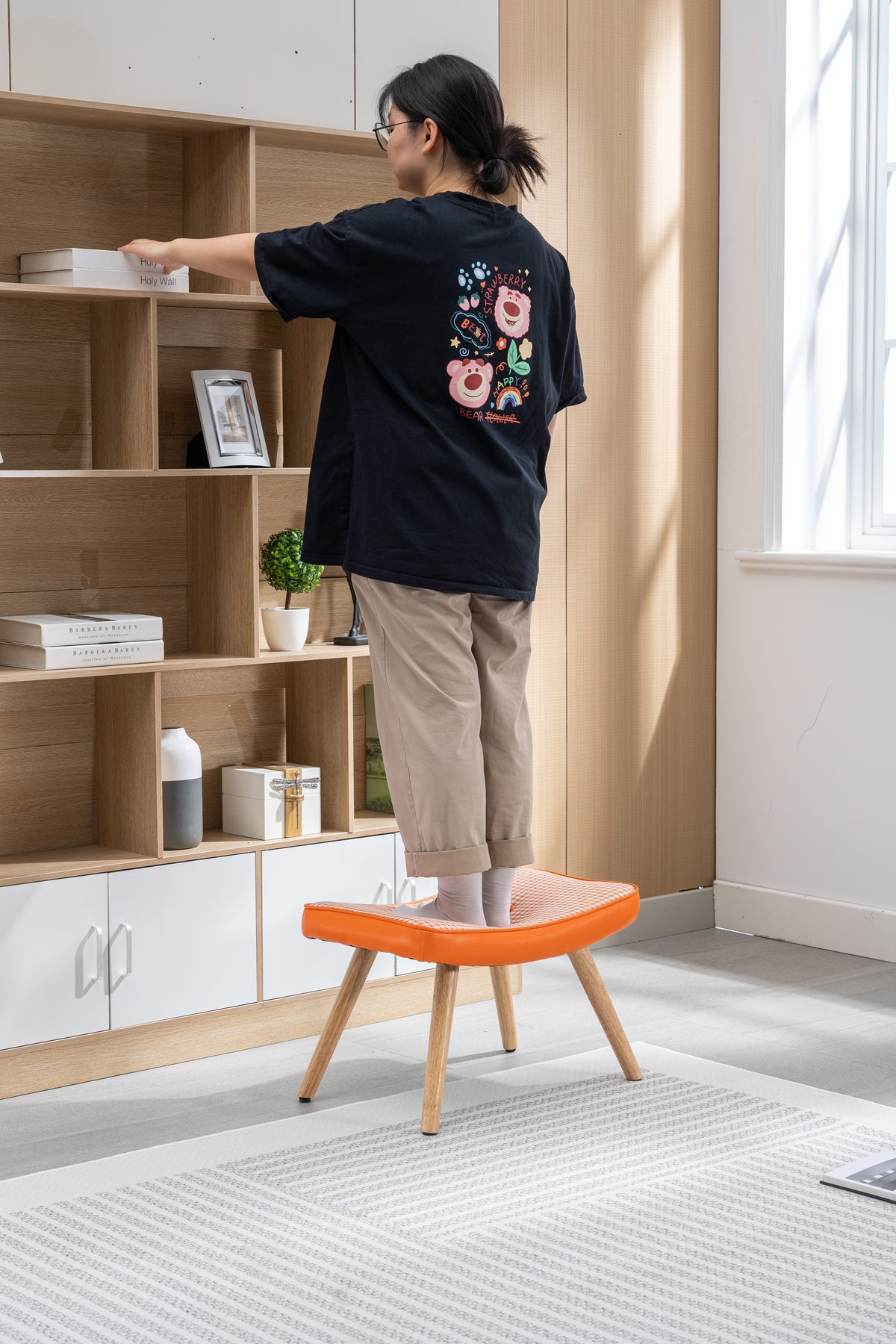 Wooden Step Ottoman with Cushion Orange
