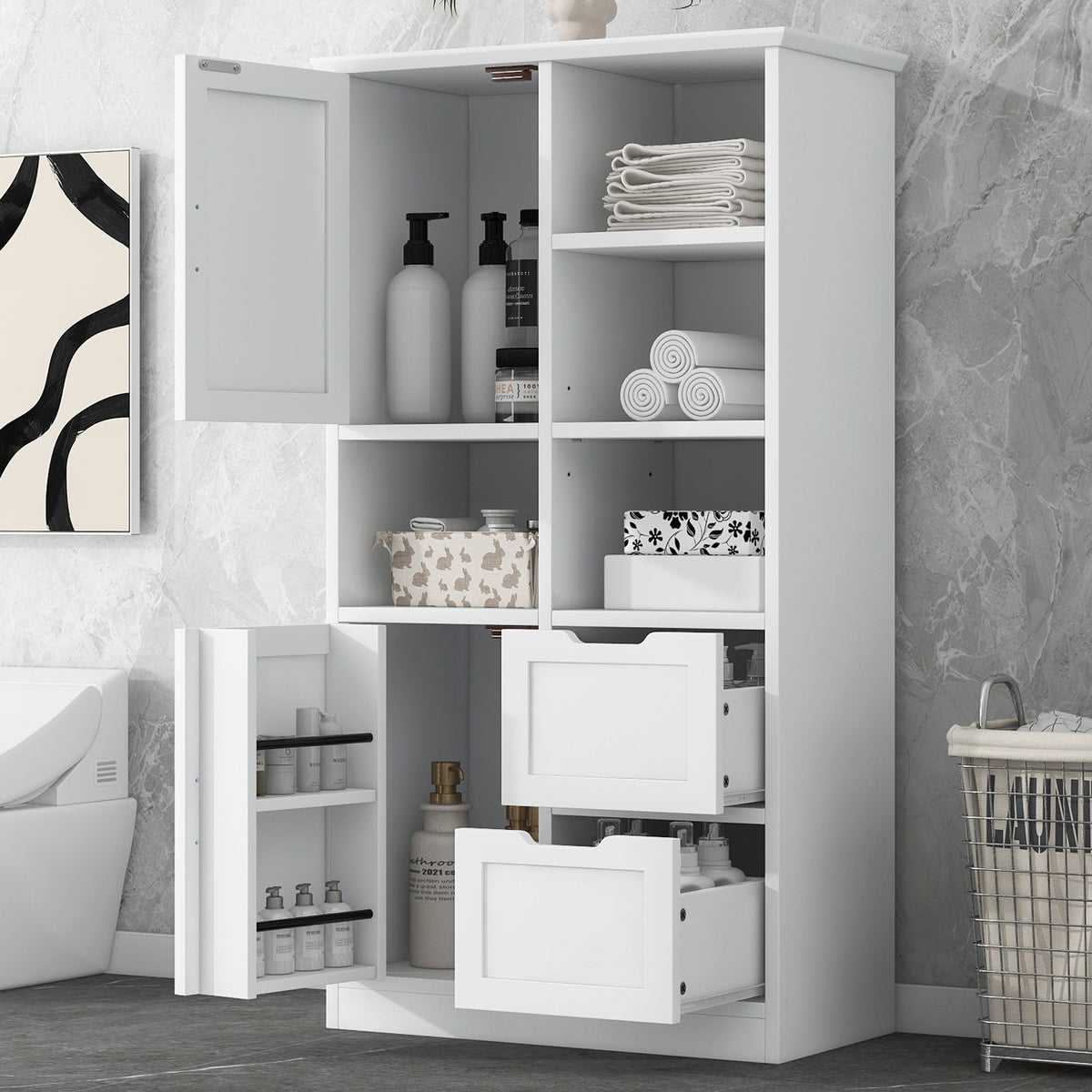 White Bathroom Storage Cabinet with Adjustable Doors
