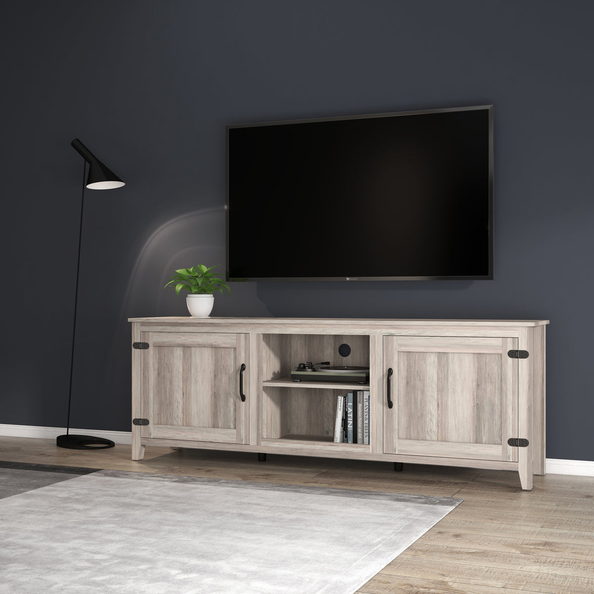 Grey Walnut TV Stand with Storage Cabinets and Media Shelf