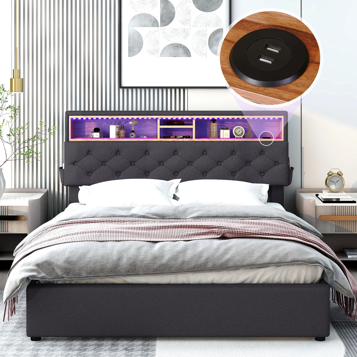 Queen LED Upholstered Storage Bed – Dark Gray