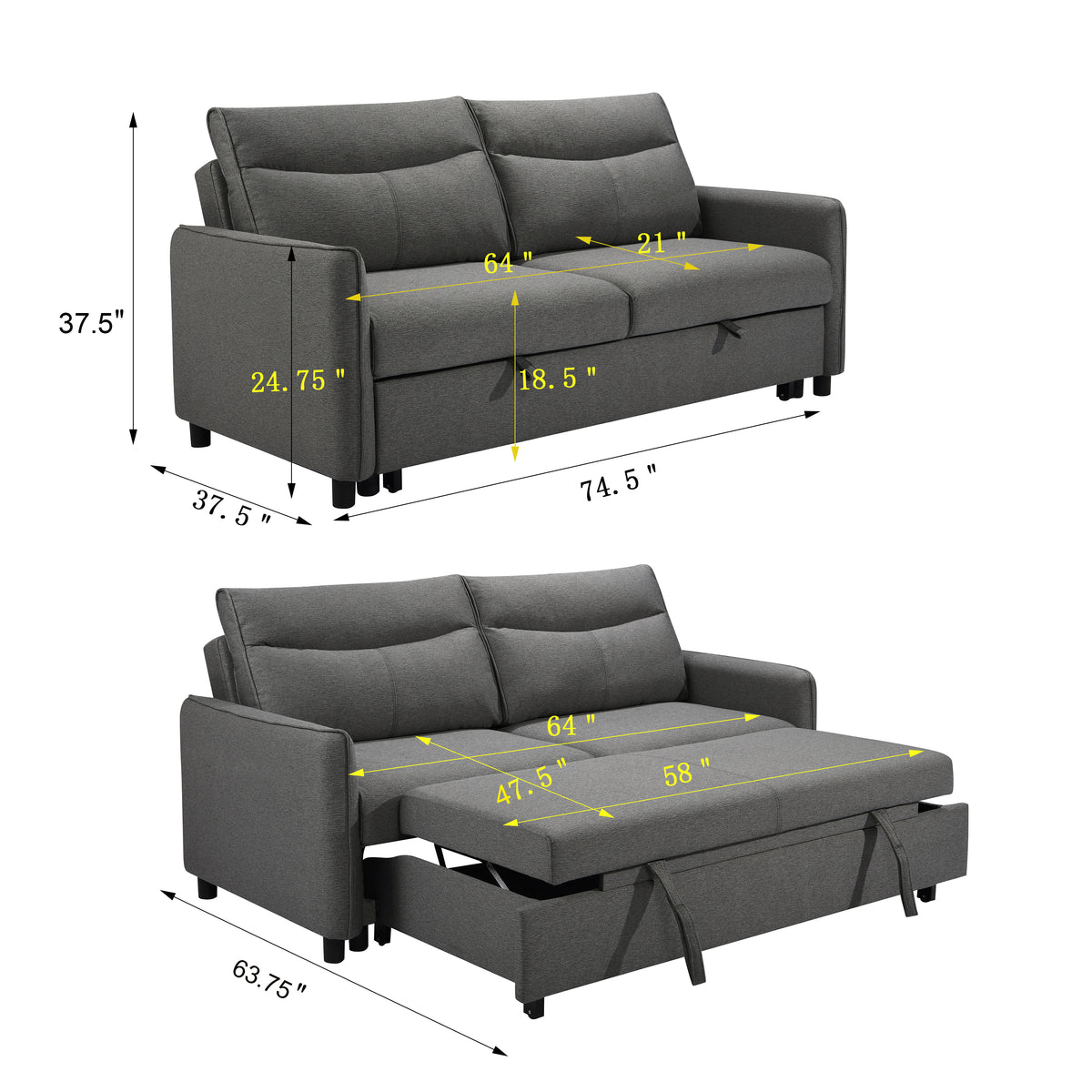 3-in-1 Sleeper Sofa Bed with Pullout Gray