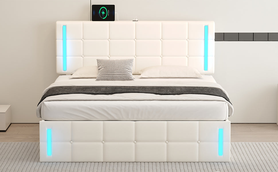 Queen Upholstered Bed with LED White