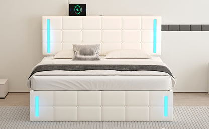 Queen Upholstered Bed with LED White