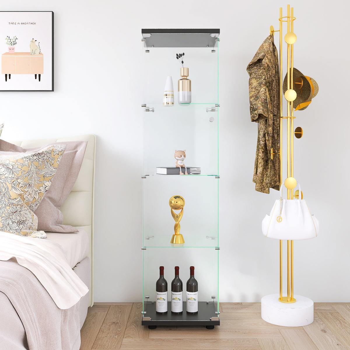 4-Layer Black Glass Display Cabinet with Shelf