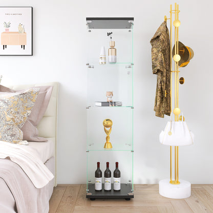 4-Layer Black Glass Display Cabinet with Shelf
