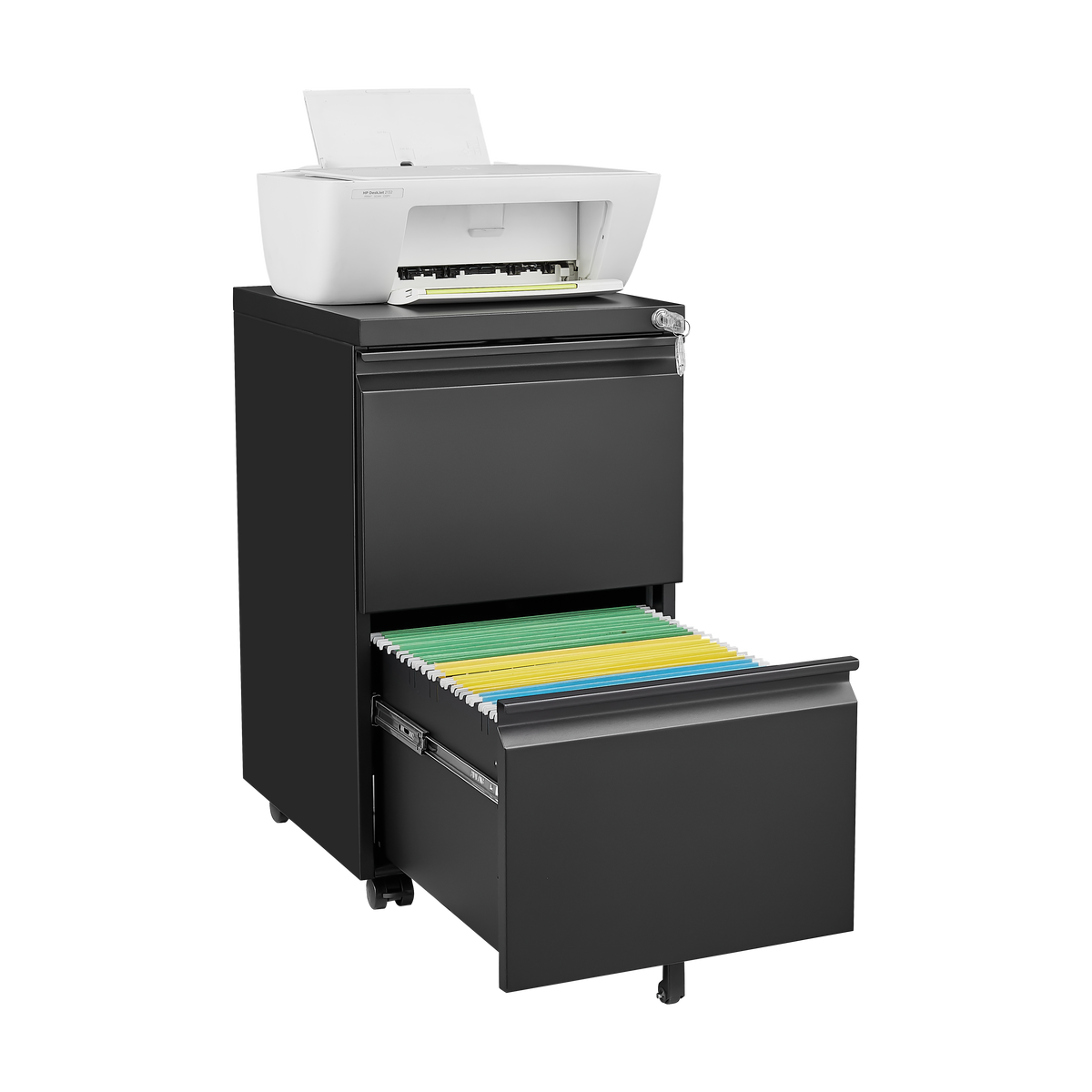 Black 2-Drawer Mobile File Cabinet – 25.6" High with Lock for Legal/Letter Size Files