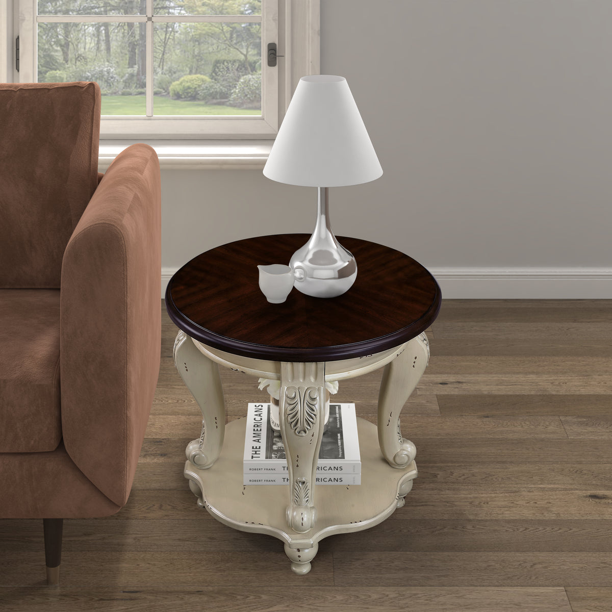Antique White Round End Table – 22" Solid Rubberwood with Cabriole Legs & Shelf