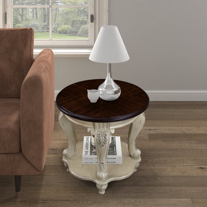 Antique White Round End Table – 22" Solid Rubberwood with Cabriole Legs & Shelf