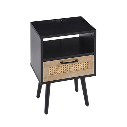 Rattan End Table with Drawer Black Legs