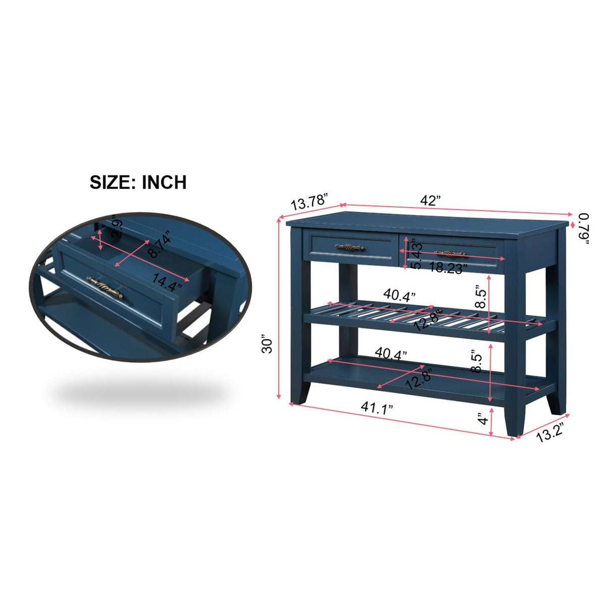 Mid-Century Console Table with Storage Drawers – Navy Blue