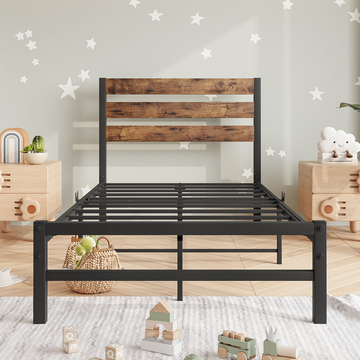 Twin Platform Bed with Rustic Headboard Brown