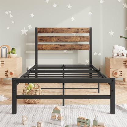 Twin Platform Bed with Rustic Headboard Brown