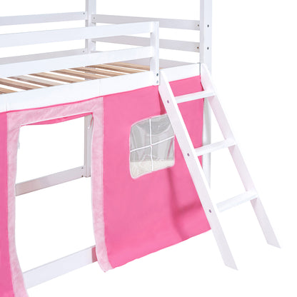 Twin Bunk Bed with Tent Pink White