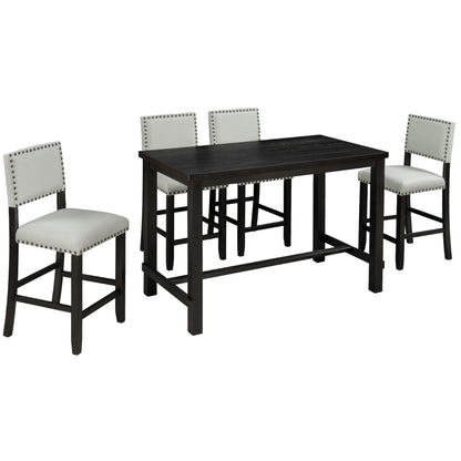 Espresso 5-Piece Counter Height Dining Set – Solid Wood Table with Upholstered Chairs