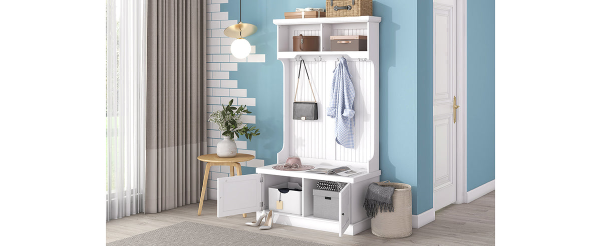 White Hall Tree Bench with Coat Hooks
