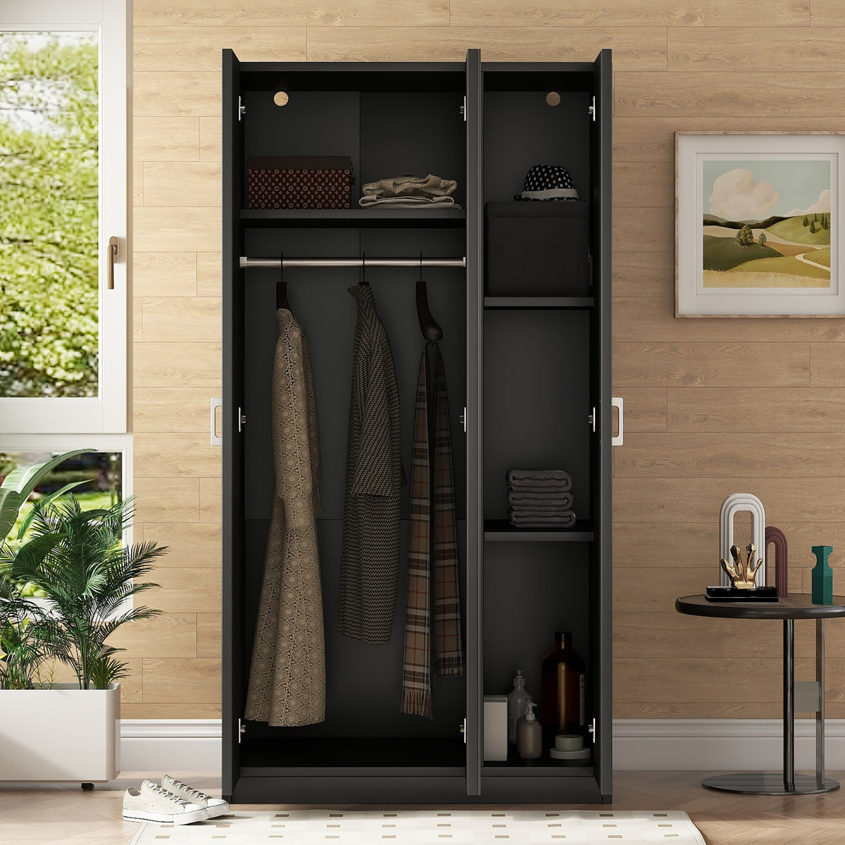 3-Door Wardrobe with Mirror Black
