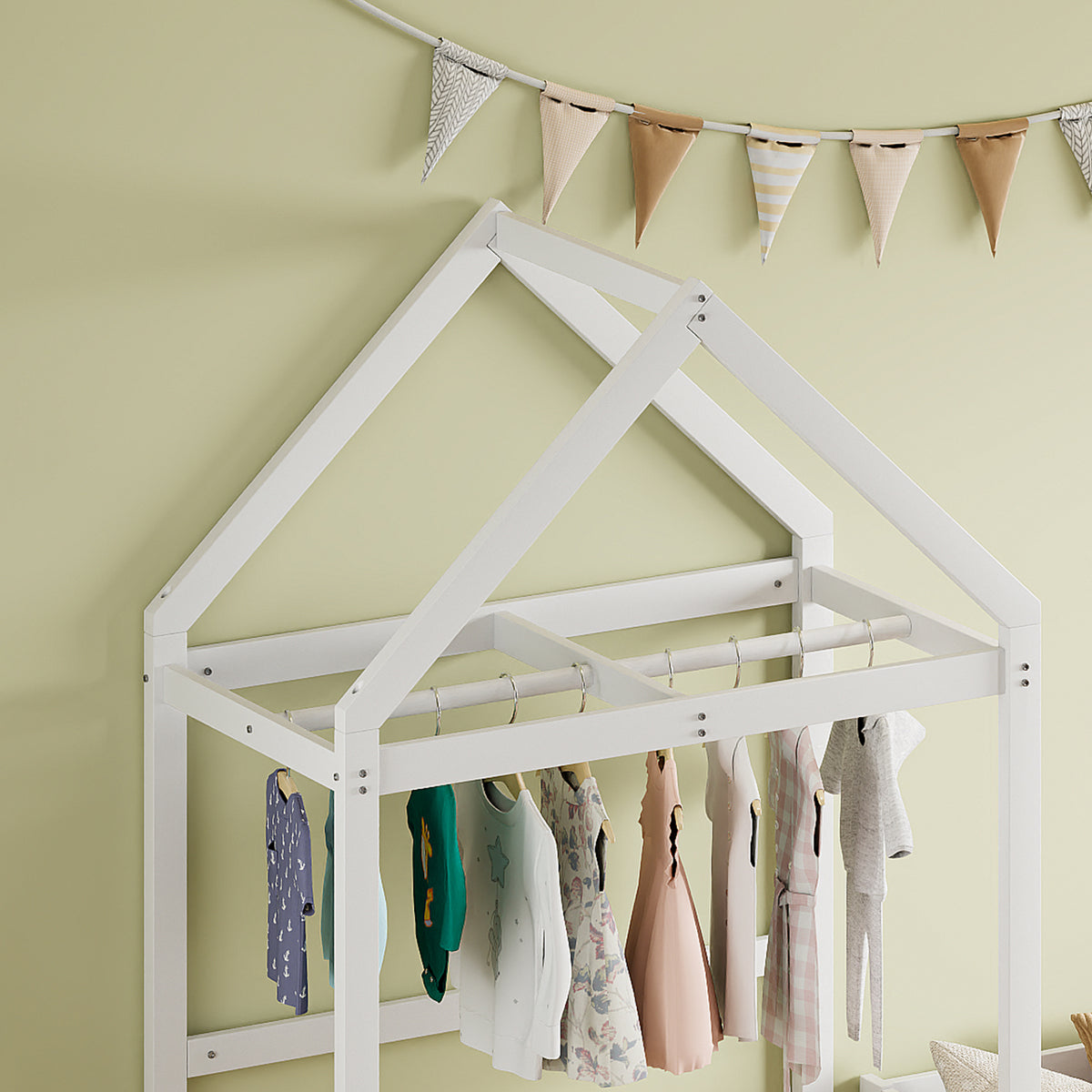 Wooden Twin Bed with Clothes Drying Rack Pink