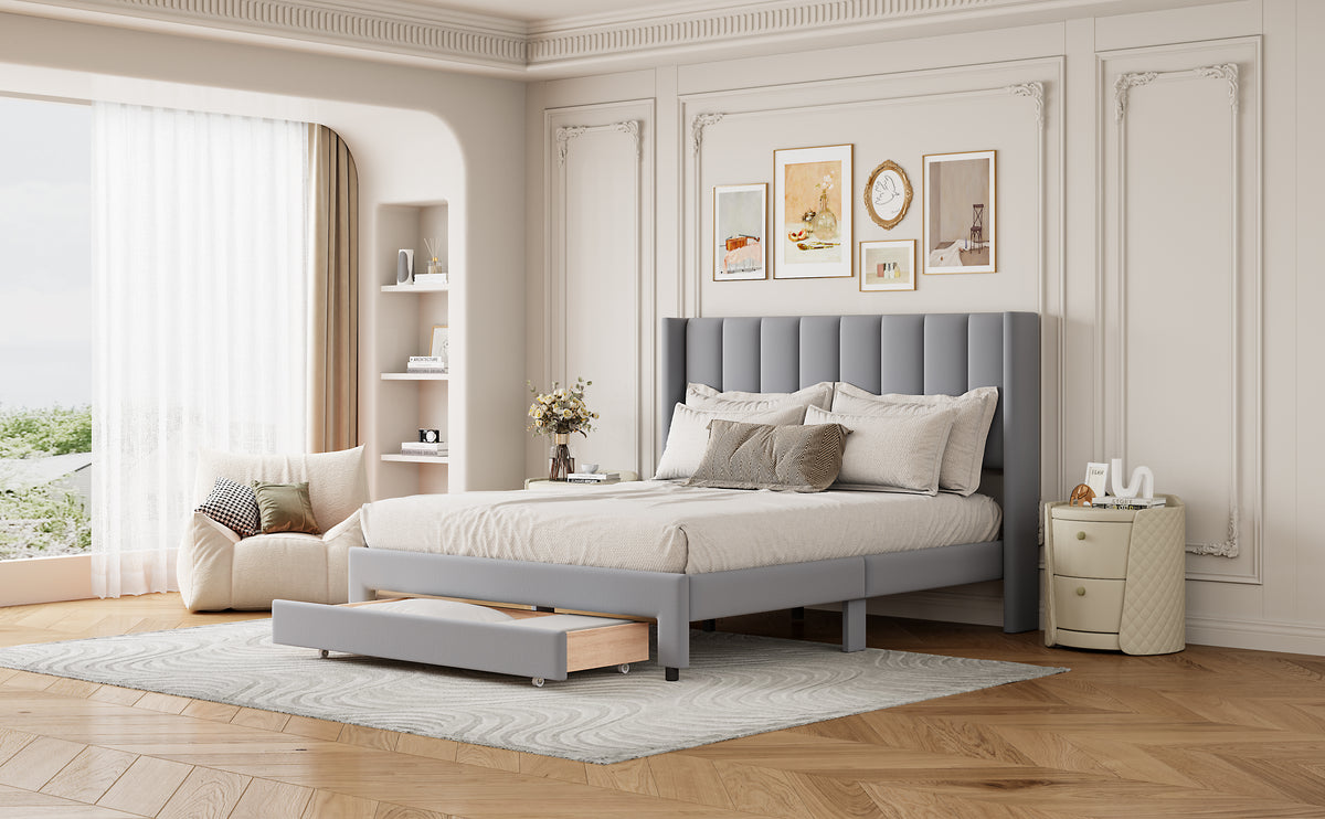 Velvet Platform Bed with Storage Drawer Gray