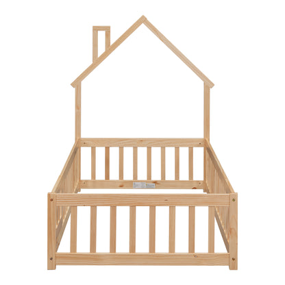 Metal House Floor Bed with Fence – Natural