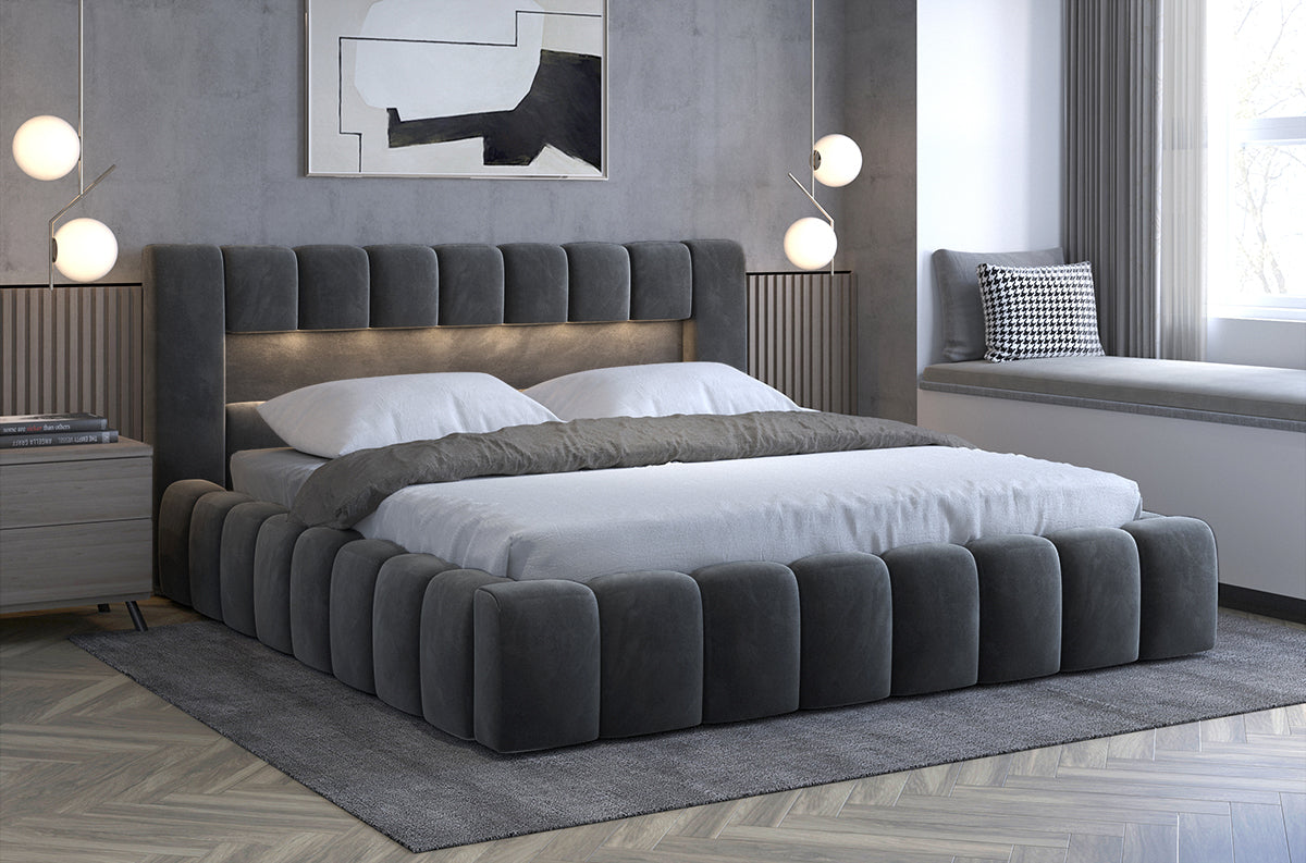 Lamica Upholstered LED Storage Platform Bed - Dark Grey