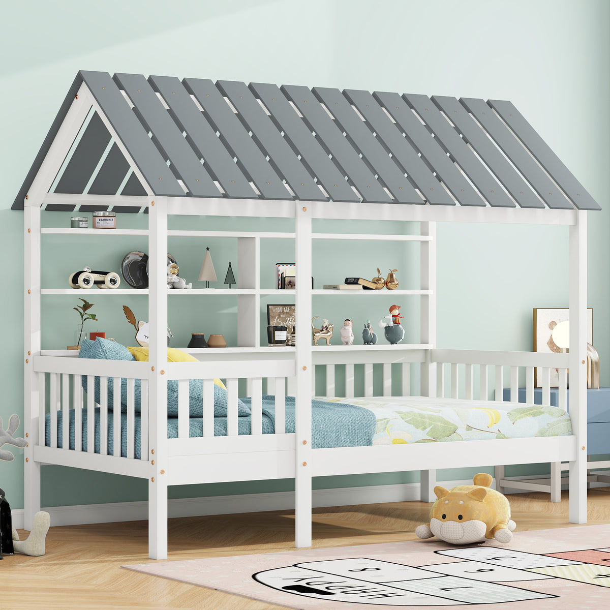 House Bed with Roof and Guardrails White