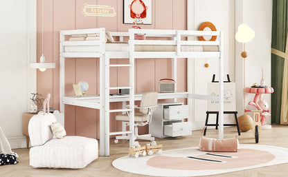 White Twin Loft Bed with Storage & Ladder