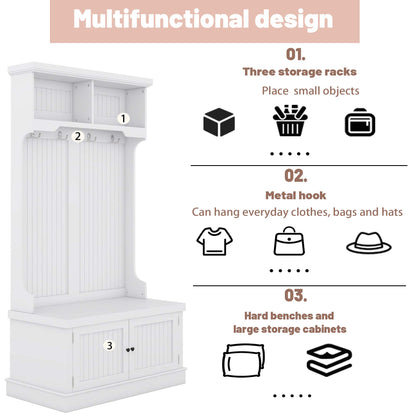 White Hall Tree Bench with Coat Hooks