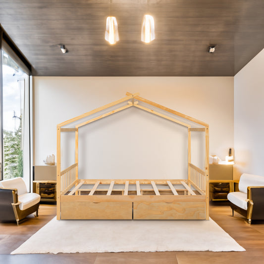 Full Platform Bed with Headboard – Natural Finish