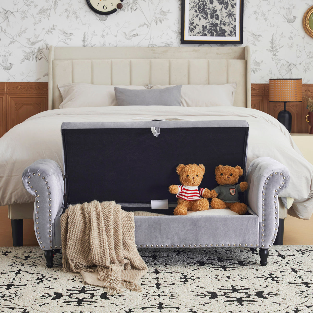Velvet Storage Ottoman Bench Gray