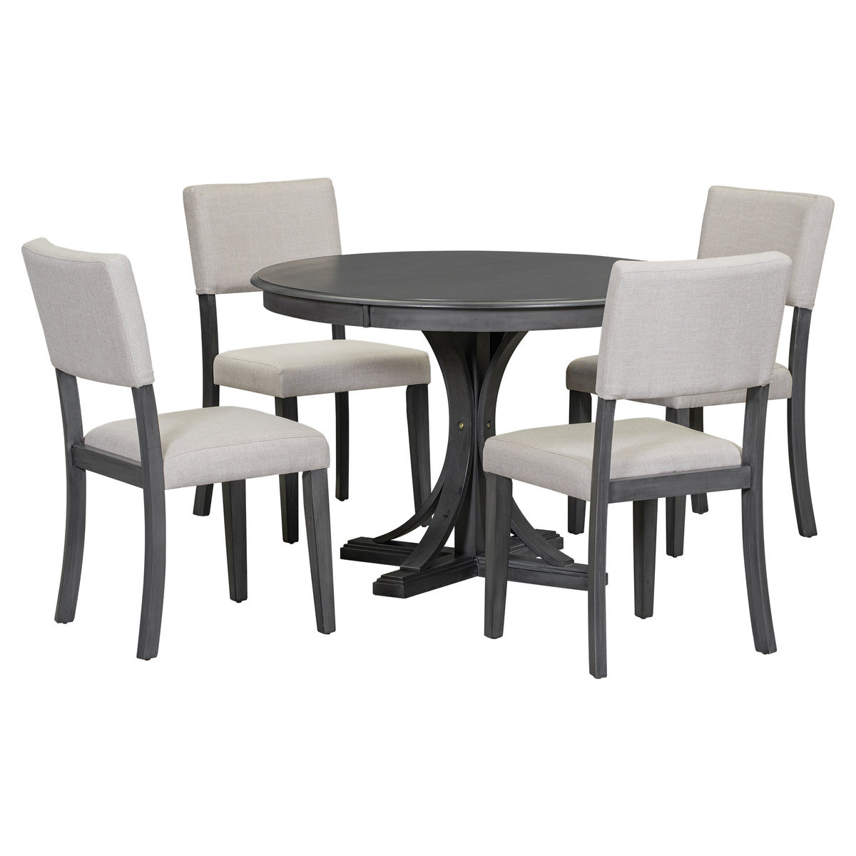 Dark Gray 5-Piece Round Dining Set – Solid Wood Table with Upholstered Chairs