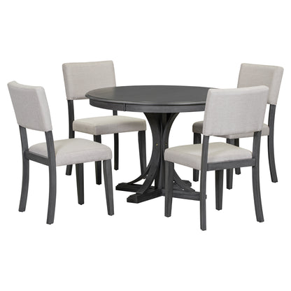 Dark Gray 5-Piece Round Dining Set – Solid Wood Table with Upholstered Chairs