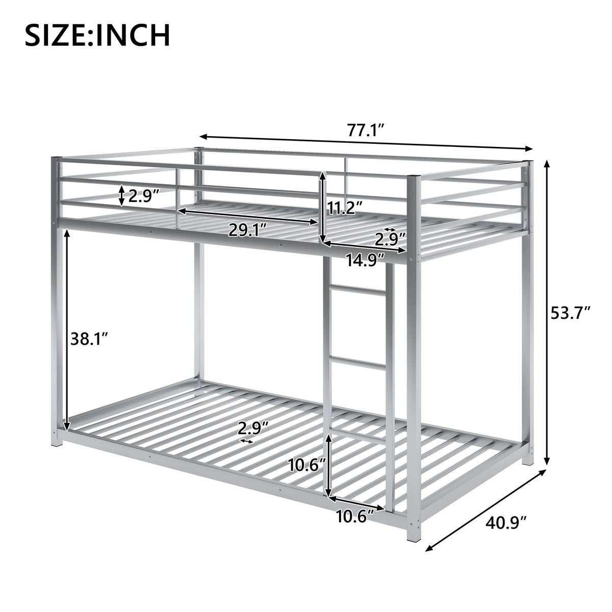 Metal Twin Bunk Bed with Ladder Silver