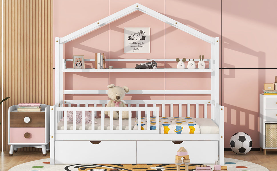 Twin House Bed with Storage Shelf White