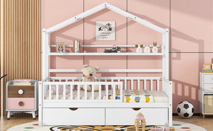Twin House Bed with Storage Shelf White