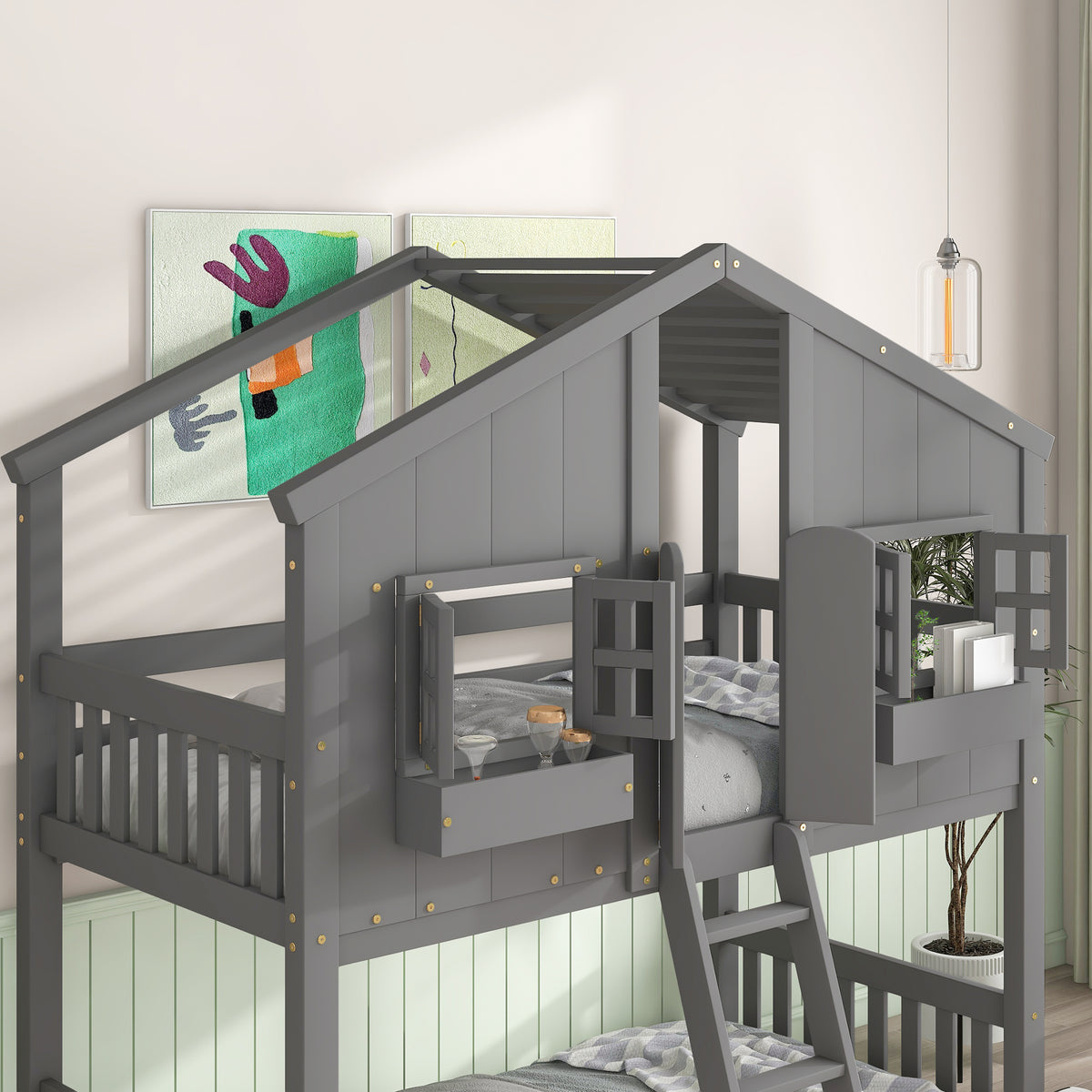Twin House Bunk Bed with Ladder Grey