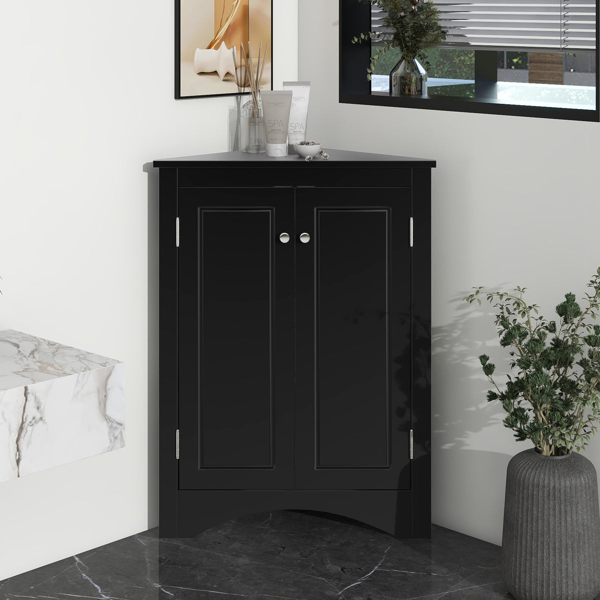 Black Corner Bathroom Cabinet with Shelves