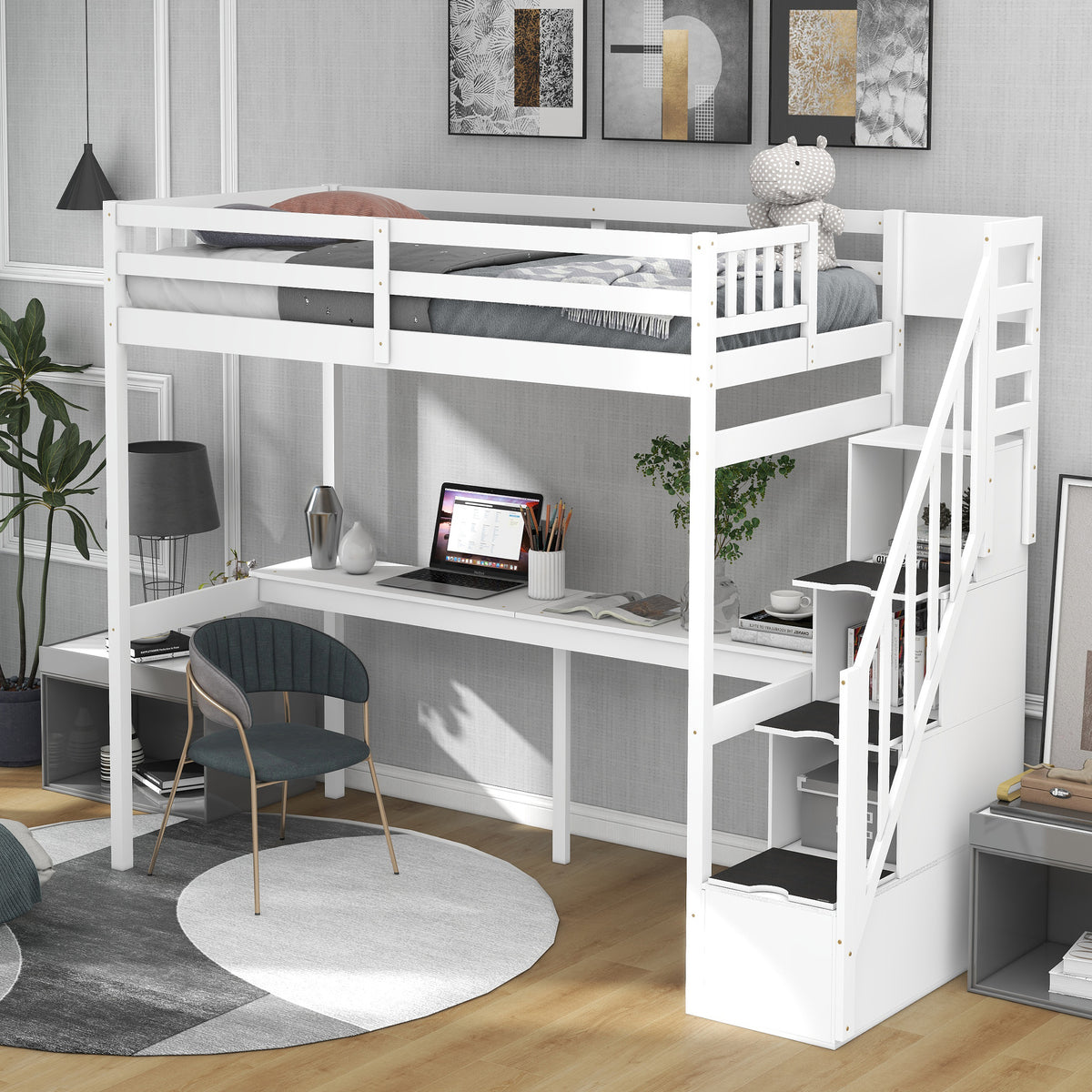 Twin Loft Bed with Staircase and Desk White