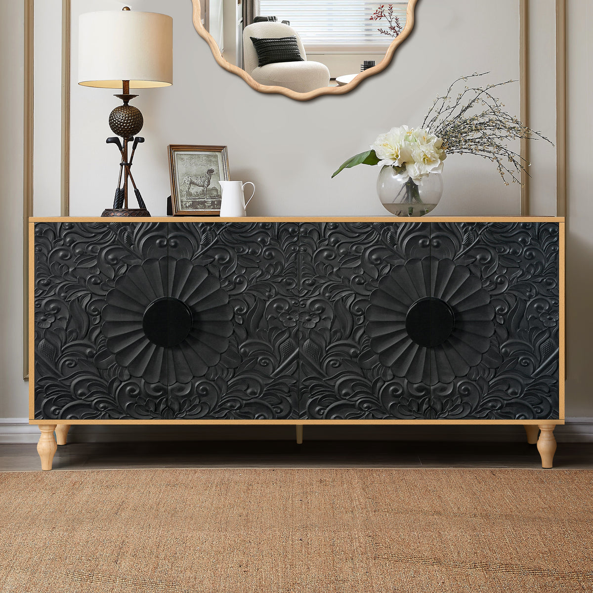 Carved Black TV Console with Wood Frame