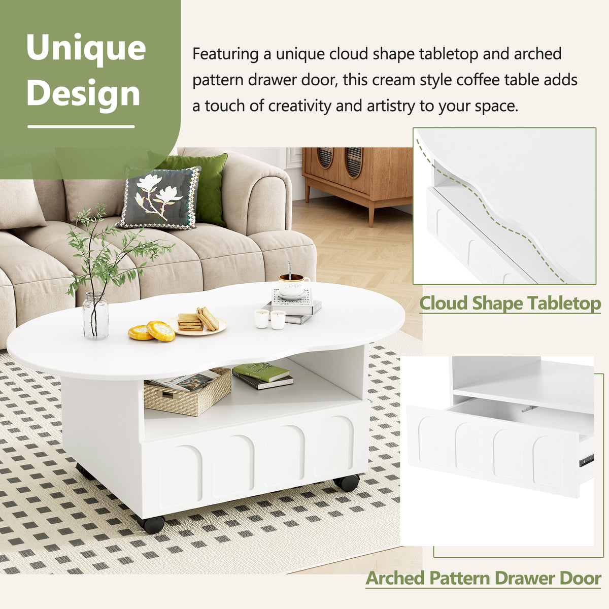 Cream Coffee Table with Storage Drawers – White