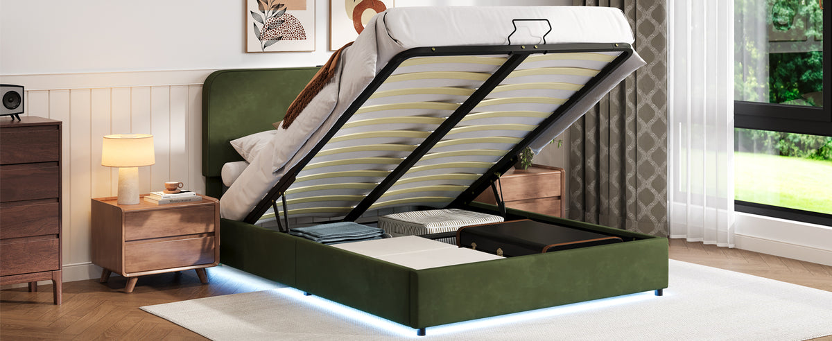 Hydraulic Storage Bed with LED Lights Green