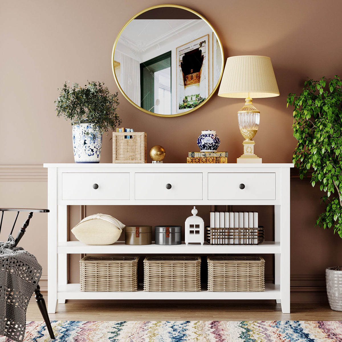 Antique White Console Table – Dual Shelves