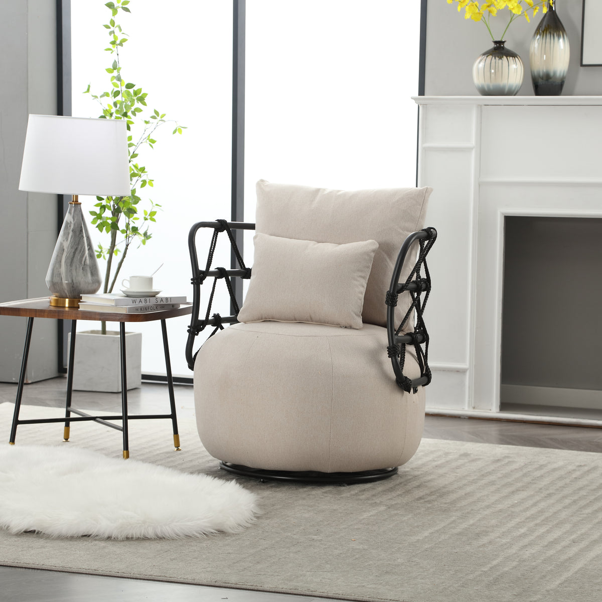 Tufted Linen Accent Chair – Metal Stand