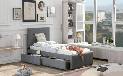 Linen Platform Bed with Headboard Twin