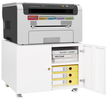 White Mobile Copier Cabinet – 2-Door File & Printer Stand with Wheels