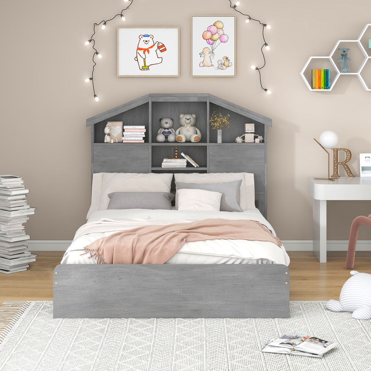 Full Platform Bed with Storage Headboard Gray