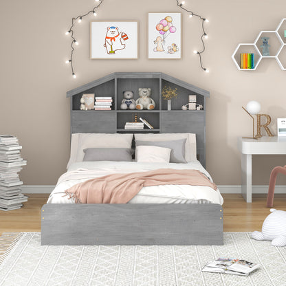 Full Platform Bed with Storage Headboard Gray