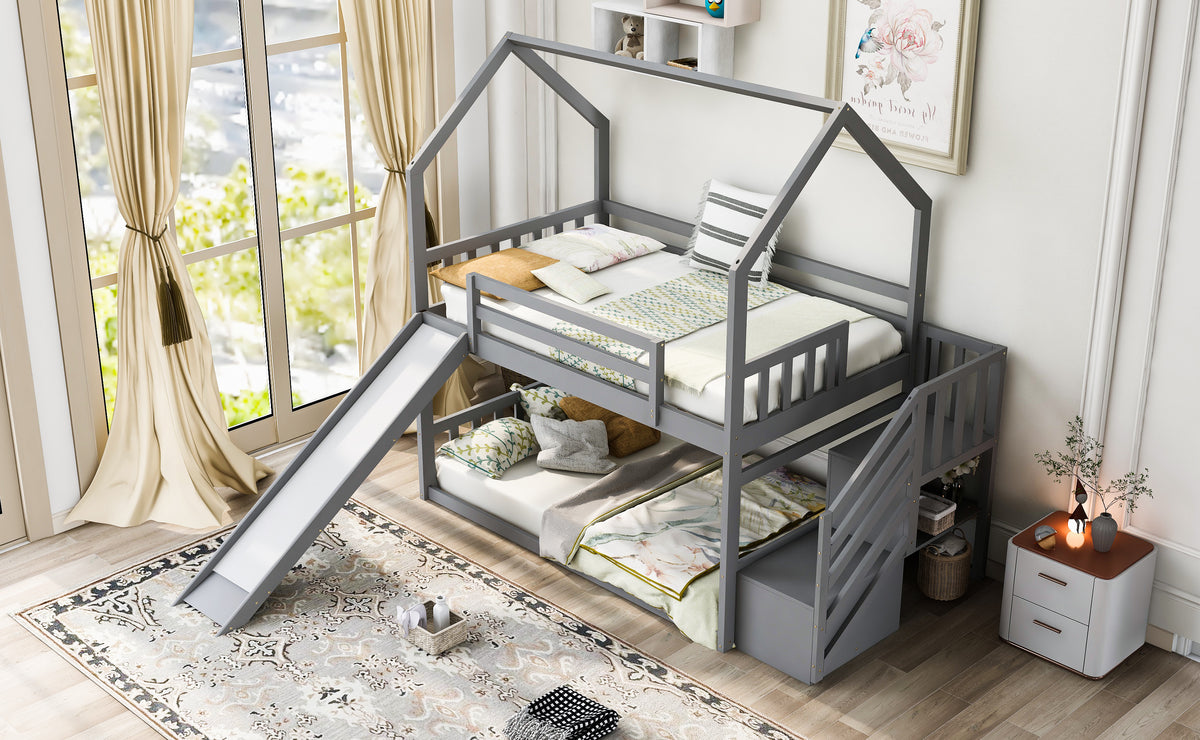 Twin Over Twin Bunk Bed with Storage Gray