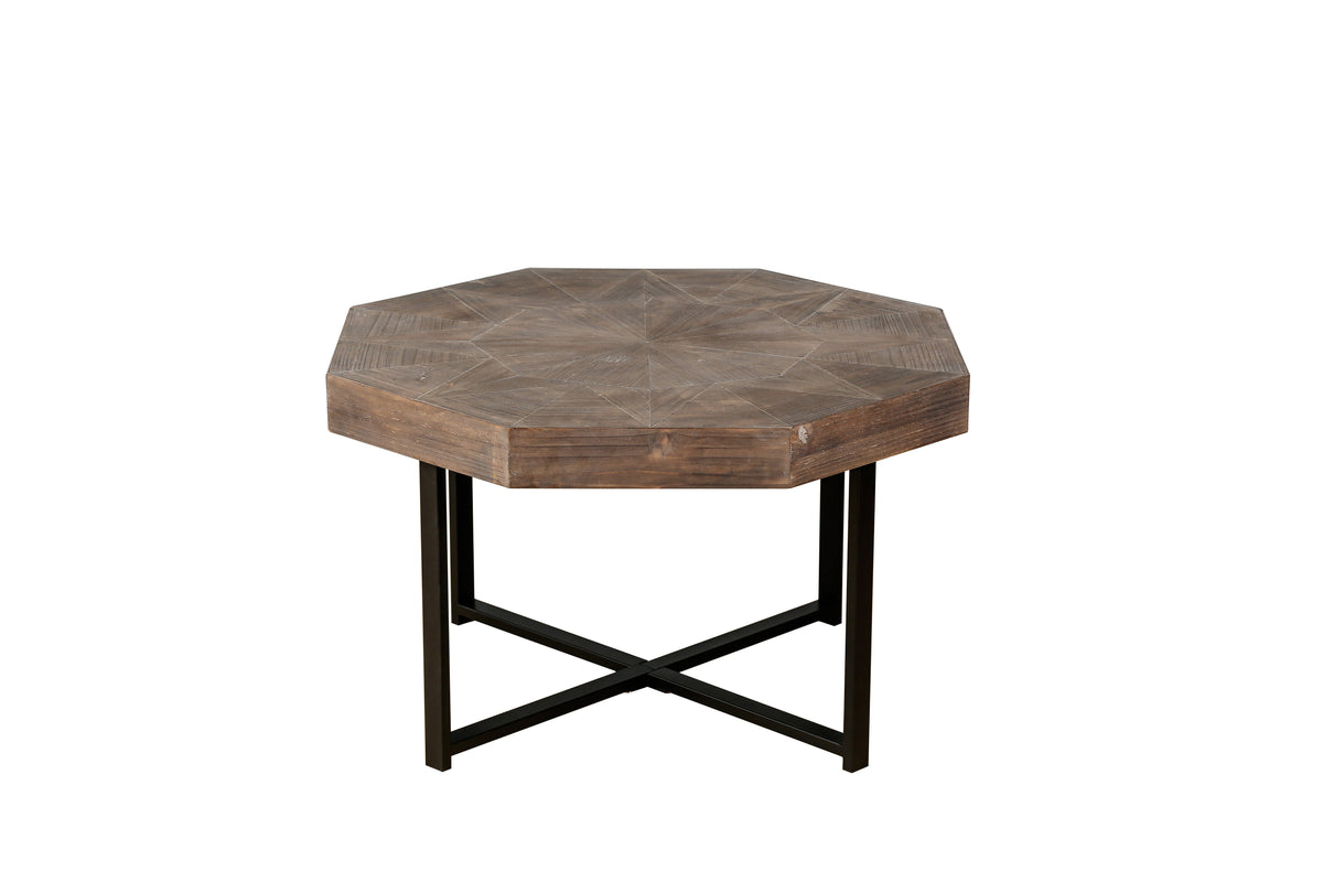 Octagonal Coffee Table with Cross Metal Base Brown